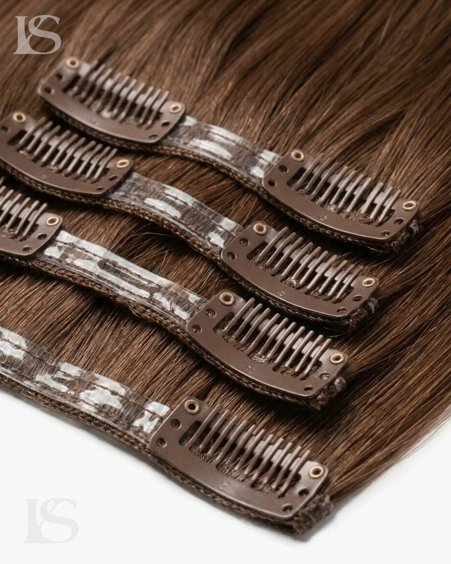 Extension Cheveux Naturel Almond Brown / #7 Lys — les clips et la bande silicone