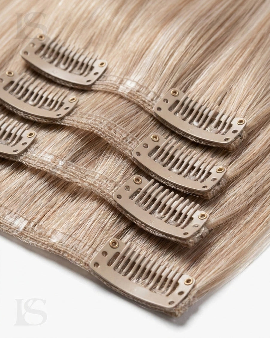 Natural Hair Extension Ash Bronde Lys — the clips and the silicone band