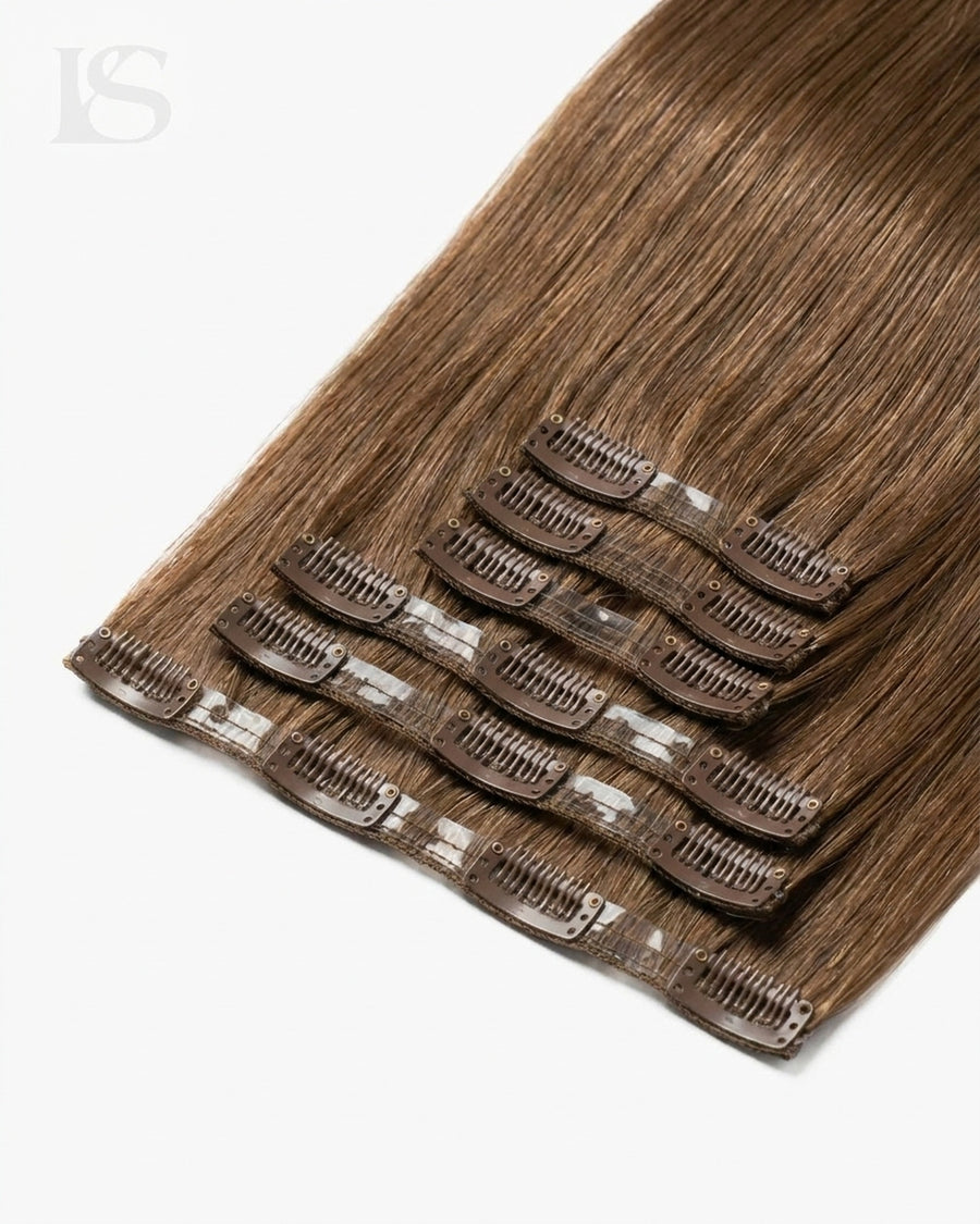 Hair Extension Ekte Hår Ash Brown / #8 Lys — bånd og klips