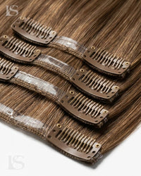 Hair Extension Ekte Hår Ash Brown / #8 Lys — klips og silikonbånd
