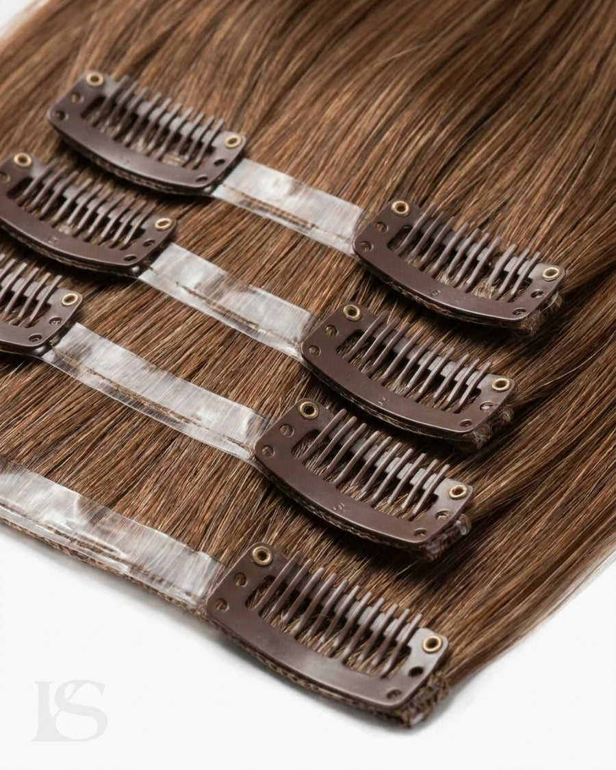 Echt Haar Extension Chestnut Brown / #6 Lys — de clips en de siliconenband