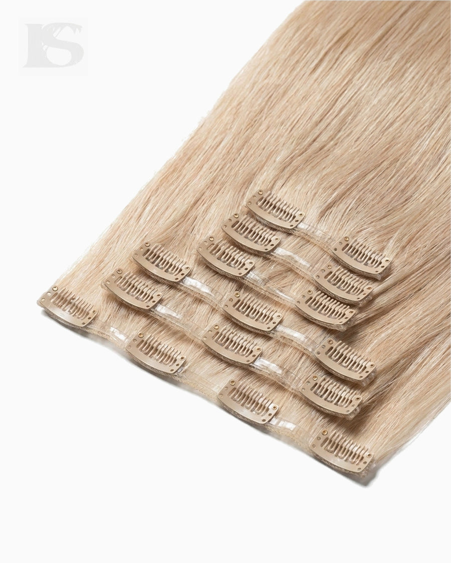 Echthaar Extension Golden Hour Blonde Lys — die Tressen und ihre Clips
