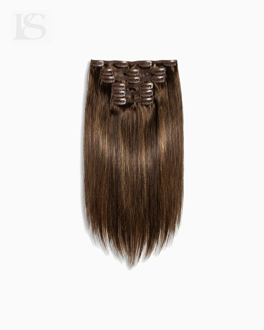 Extensión de Pelo Natural Mochachino Chocolate/Dark Honey Rooted Highlight Lys — el juego completo
