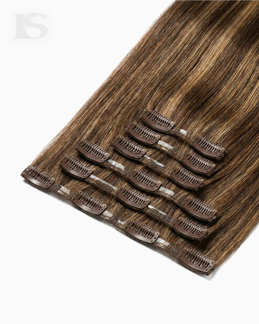 Extensión de Pelo Natural Mochachino Chocolate/Dark Honey Rooted Highlight Lys — las bandas y sus clips
