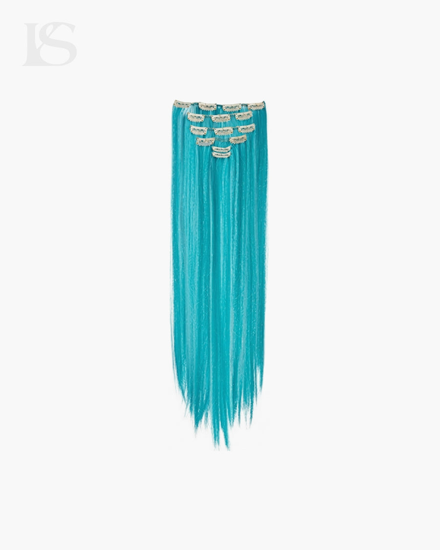 Turquoise blue natural Clip-in hair extensions, straight texture, LYS full set on white background