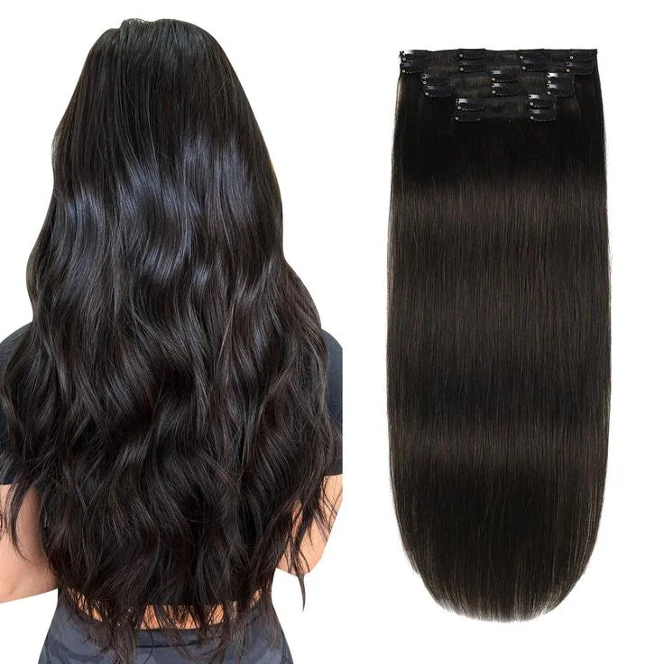 Hair Extensions Naturligt Hår Sort Clip-in Glat LYS — vue 2