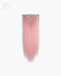 Extensiones de cabello natural rosa Clip-in, textura lisa, juego completo LYS sobre fondo blanco