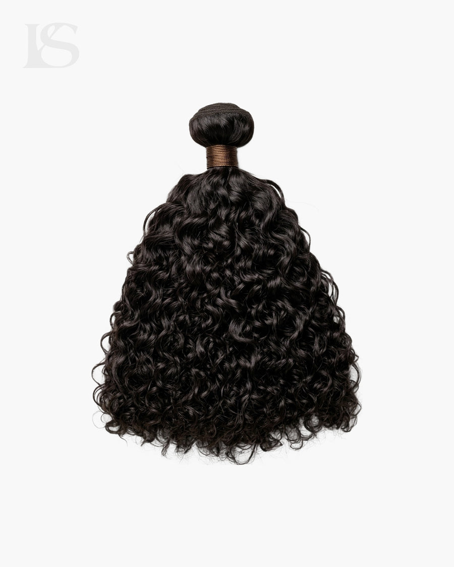 Black natural hair extensions, curly texture, LYS Wefts strand, front view on white background