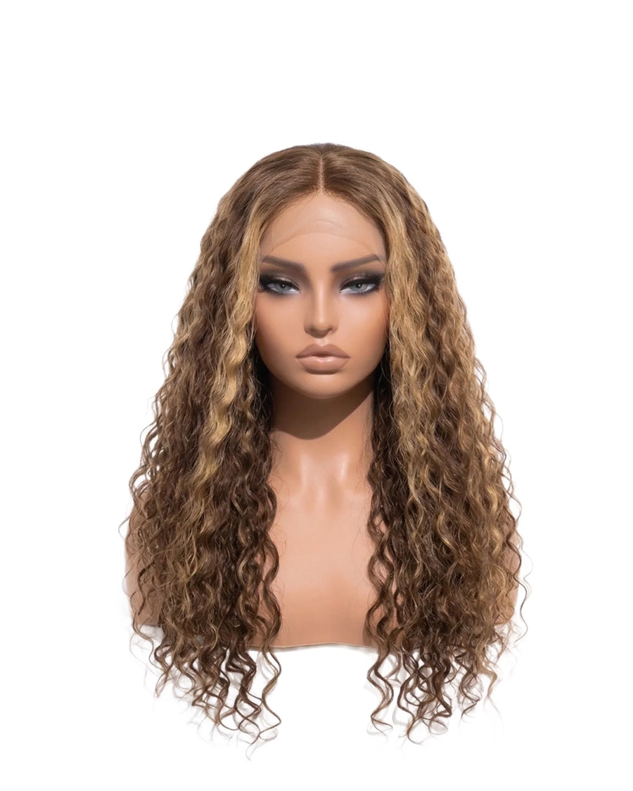 Peluca de cabello natural rubio miel caramelo ondulada larga LYS — encaje HD sin pegamento, lista para usar