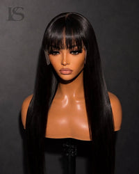 Natural Black Straight Hair Wigs with Bangs Long LYS — front view, bust shot
