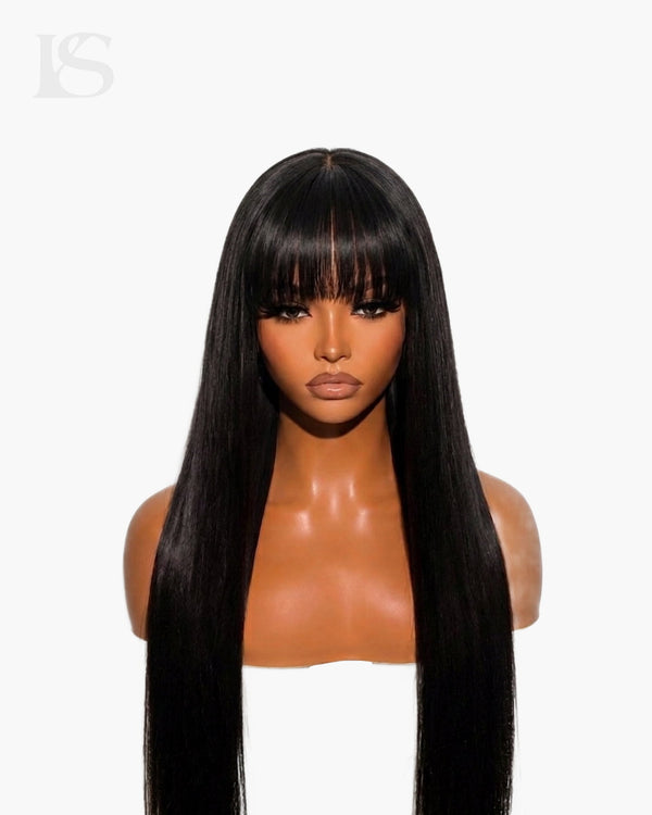 Natural Black Straight Hair Wigs with Bangs Long LYS — front view, light background