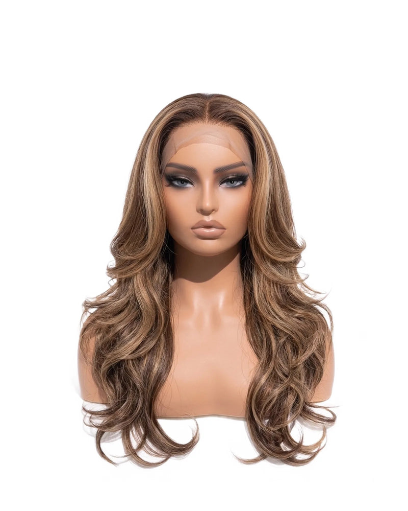 Pelucas Cabello Natural Castaño con Mechas Rubias ondulado Largo LYS