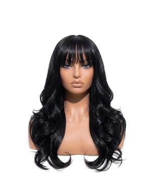 Natural Black Body Wave Hair Wigs Long with Bangs LYS