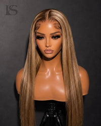 Natural Honey Blonde Balayage Highlights Straight Hair Wigs Long LYS — front view, bust shot