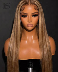 Natural Honey Blonde Balayage Highlights Straight Hair Wigs Long LYS — close-up of the 6x5 HD lace