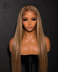 Natural Honey Blonde Balayage Highlights Straight Hair Wigs Long LYS — front view, studio