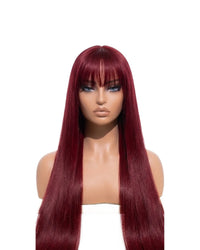 Long red straight human hair wig with bangs LYS — glueless HD lace, ready to wear