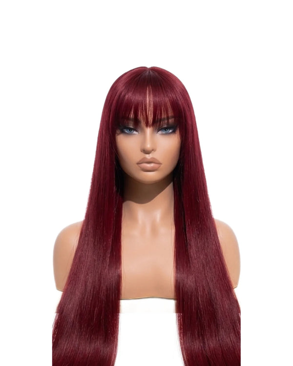 Long red straight human hair wig with bangs LYS — glueless HD lace, ready to wear