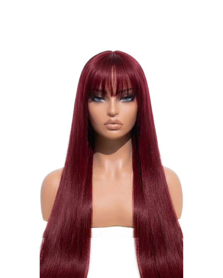 Long red straight human hair wig with bangs LYS — glueless HD lace, ready to wear
