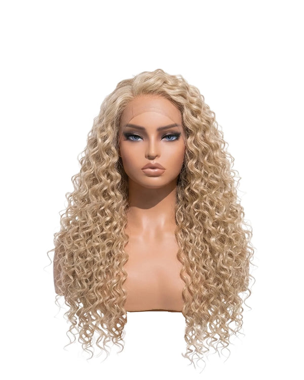 Long blonde water wave human hair wig LYS — glueless HD lace, ready to wear