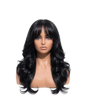 Natural Black Body Wave Hair Wigs with Bangs Long LYS