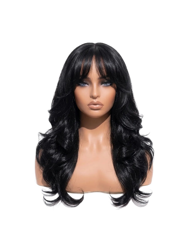 Natural Black Body Wave Hair Wigs with Bangs Long LYS